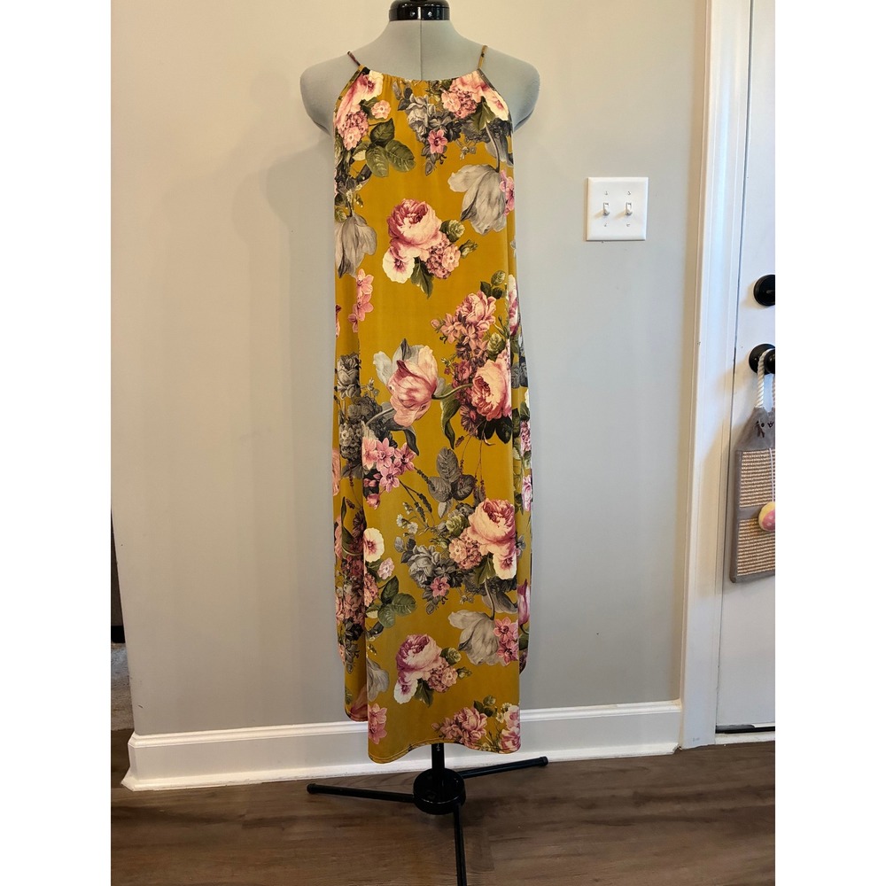 Entro Mustard Yellow Floral Halter Maxi Dress Pink Rose Print Sleeveless Medium